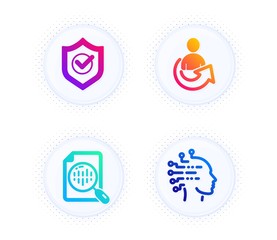 Approved shield, Analytics chart and Share icons simple set. Button with halftone dots. Artificial intelligence sign. Protection, Report analysis, Referral person. Mind intellect. Vector