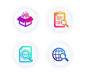 Seo file, Search analysis and Open box icons simple set. Button with halftone dots. Web search sign. Find survey, Delivery package, Find internet. Technology set. Gradient flat seo file icon. Vector