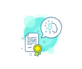Cryptocurrency head sign. Certification complex icon. Bitcoin think line icon. Crypto money symbol. Certificate or diploma document. Bitcoin think sign. Vector