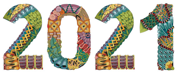 Number 2021 Zentangle. Vector decorative object for coloring