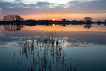 Sunset and clouds over a quiet lake with reeds