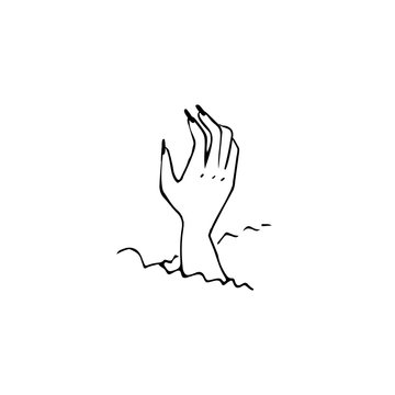 Halloween doodle zombie hand rising from the ground. Spooky and fun hand drawn icon for halloween decorations and stickers. EPS 8