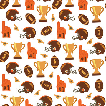 American Football seamless vector pattern. Sports equipment background. Football helmet, foam finger, trophy, whistle. Use for fabric, wallpaper, surface pattern design, sports wear