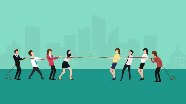 Group of business people pulling opposite ends