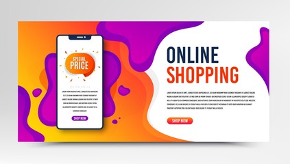 Special price badge. Phone screen mockup fluid banner. Discount banner shape. Sale coupon bubble icon. Social media banner with smartphone screen. Shopping mockup web template. Vector