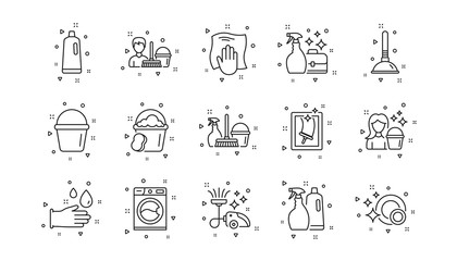 Laundry, Window sponge and Vacuum cleaner. Cleaning line icons. Washing machine linear icon set. Geometric elements. Quality signs set. Vector