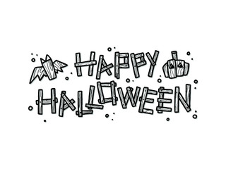 Obraz premium Text happy halloween and bat and pumpkin for Halloween day poster advertising. Hand written lettering isolated on orange background.Vector template for poster, social network, banner, cards.