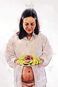 Abstract Colorful Young Pregnant Woman Holding Fruit And Eating To Nourish The Womb On Watercolor Illustration Painting Background.