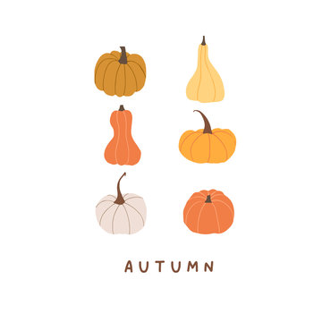 Autumn mood greeting card with cute pumpkins poster template. Welcome fall season thanksgiving invitation. Minimalist postcard nature for promo, web banner. Vector illustration in flat cartoon style