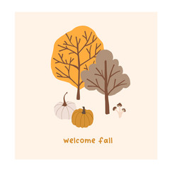 Autumn mood greeting card with cute trees, pumpkins poster template. Welcome fall season thanksgiving invitation. Minimalist postcard nature. Vector illustration in flat cartoon style