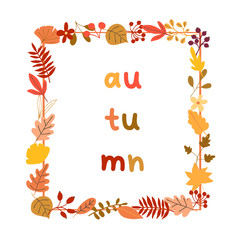 Obraz premium Autumn mood greeting card frame with leaves poster template. Welcome fall season wreath thanksgiving invitation. Minimalist postcard nature. Vector illustration in flat cartoon style