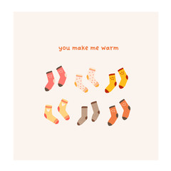 Autumn mood greeting card with cozy cute socks poster template. Welcome fall season thanksgiving invitation. Minimalist postcard nature. Vector illustration in flat cartoon style