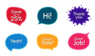 Grand sale, 25% discount and great job. Colorful chat bubbles. Thank you phrase. Sale shopping text. Chat messages with phrases. Texting thought bubbles. Vector