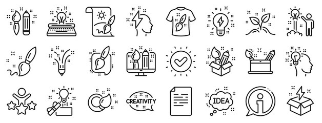 Set of Design, Idea and Inspiration linear icons. Creativity brush line icons. Imagination, Idea box and Creative design. Brush with draw pencil, T shirt and Out of the box creativity. Vector