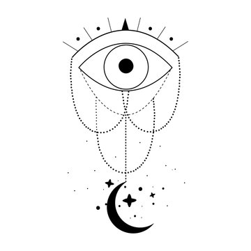 Alchemy esoteric mystical magic celestial talisman with evil eye, moon, stars sacred geometry isolated. Spiritual occultism object. Vector illustrations in black outline style