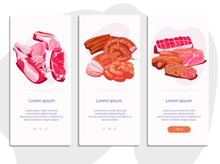 Fresh meat products onboarding screens set. Butchery shop, farm market or processing plant mobile app, landing page template design vector illustration