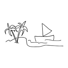 Hand drawn beach with palm trees and boat. Simple sketch palm tree and boat on shore, doodle art. Summer time background. Modern scribble for kids, sticker, logo. Hand drawn vector. Cartoon style. 