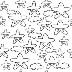 Seamless starfish and cloud pattern isolated on white background. Hand drawn vector. Modern scribble for kids, wallpaper, wrapping paper and gift. Simple sketch with pen, cartoon style. Doodle art. 