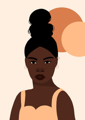 Modern young african american black woman portrait. Fashion minimal trendy female face with dark skin. Trendy minimal poster print. Vector hand drawn illustration