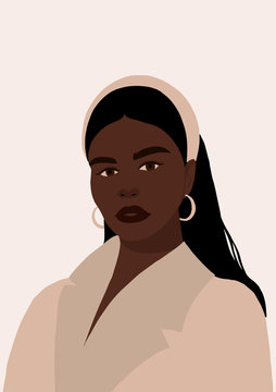 Modern Young African American Black Woman Portrait. Fashion Minimal Trendy Female Face With Dark Skin. Trendy Minimal Poster Print. Vector Hand Drawn Illustration