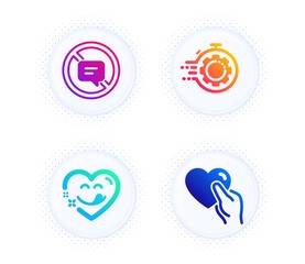 Yummy smile, Seo timer and Stop talking icons simple set. Button with halftone dots. Hold heart sign. Comic heart, Cogwheel, Do not talk. Friendship. Business set. Vector