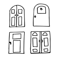 Set of old Door icon. Hand drawn vector illustration. Collection of old door icon. Simple sketch, drawn with pen. Modern scribble for kids, logo, sticker, clipart. Cartoon style, doodle art. 