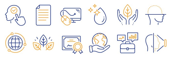 Set of Science icons, such as Face scanning, Face id. Certificate, save planet. Select user, File, Business portfolio. Organic tested, Water drop, Globe. Computer mouse, Fair trade line icons. Vector