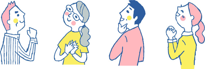 上を向いている男女4人　上半身