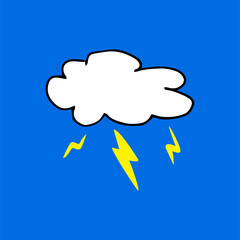 Hand drawn cloud with lightning, blue background. Colorful doodle art. Hand drawn vector. Modern scribble for kids, sticker, clipart, learning. Cartoon style. Simple sketching, drawn with pen. 