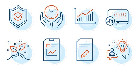 Report document, Idea and Edit document signs. Startup concept, Graph and Safe time line icons set. Report statistics, Approved shield symbols. Launch project, Presentation diagram. Vector