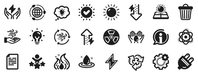 Solar panels, wind energy and electric thunder bolt. Energy icons. Fire flame, hazard, green ecology icons. Electric plug, thunderbolt, recycling trash can. Solar power. Vector