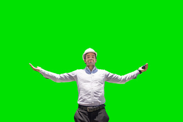 portrait of businessman ware safety helmet and hold walkie talkie on isolate green background