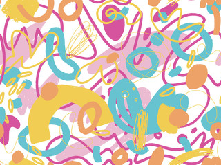 Fototapeta na wymiar Seamless abstract doodle background pattern in bright summer positive colors. Hand-drawn abstract pattern with randomly arranged spots and dots and lines. Pencil and paint texture.