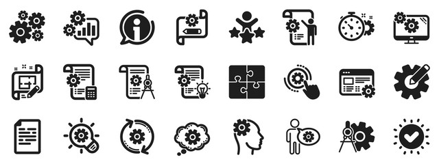 Set of Idea bulb, Dividers tools and Blueprint icons. Engineering icons. Cogwheel, calculate price, mechanical tools. Idea bulb with cog, architect dividers, engineering people. Vector