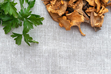 composition of dried mushrooms, parsley. healthy eating concept. layout, place for text