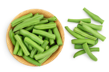 Green beans in wooden bowl isolated on a white background with clipping path, Top view. Flat lay