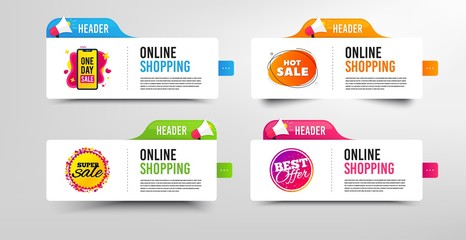 One day sale, Mobile shopping and Best offer. Megaphone promotional banner. Discount banner with fluid bubble. Hot offer badge. Online shopping template with loudspeaker. Vector