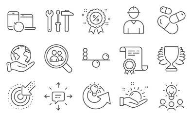 Fototapeta premium Set of Business icons, such as Spanner tool, Capsule pill. Diploma, ideas, save planet. Discount, Balance, Recovery devices. Sunny weather, Search employees, Engineer. Vector