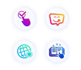 Yummy smile, Checkbox and World weather icons simple set. Button with halftone dots. Technical documentation sign. Emoticon, Approved, Sunny. Manual. Business set. Vector
