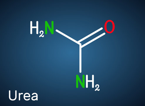 Urea, carbamide molecule. It is a nitrogenous compound containing a carbonyl group, is used as fertilizer, in cosmetics. Structural chemical formula on the dark blue background