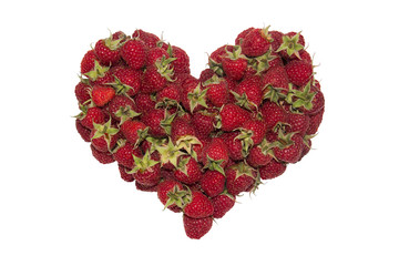 Red raspberry heart isolated on white background. Ripe berries with green tails. Organic food. Love