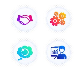 Handshake, Recovery data and Cogwheel icons simple set. Button with halftone dots. Presentation sign. Deal hand, Backup info, Engineering tool. Education board. Business set. Vector