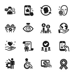 Set of People icons, such as Face verified, Scroll down. Certificate, approved group, save planet. Medical tablet, Employee, People talking. Hold heart, Disability, Eye laser. Vector