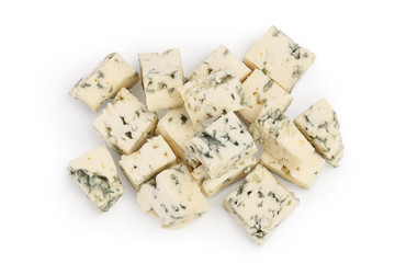 diced Blue cheese isolated on white background with clipping path and full depth of field. Top view. Flat lay.