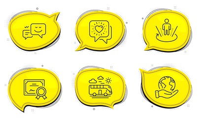 Happy emotion sign. Diploma certificate, save planet chat bubbles. Friends chat, Augmented reality and Bus travel line icons set. Friendship, Virtual reality, Transport. Web chat. Business set. Vector
