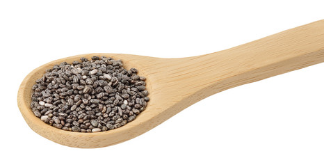 Chia seeds in wooden spoon isolated on white background with clipping path and full depth of field