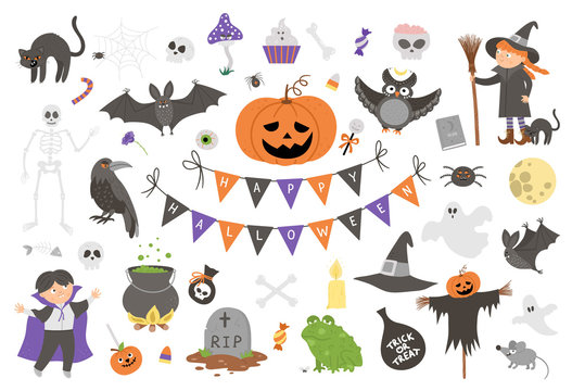 Big set of vector Halloween elements. Traditional Samhain party clipart. Scary collection with jack-o-lantern, spider, ghost, skull, bats, witch, vampire. Autumn holiday flat style design pack.