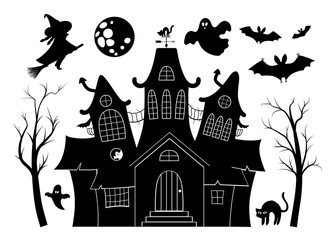 Vector haunted house black and white illustration set. Halloween silhouette elements of spooky cottage, big moon, ghost, bats, trees. Scary Samhain party invitation or card design. .