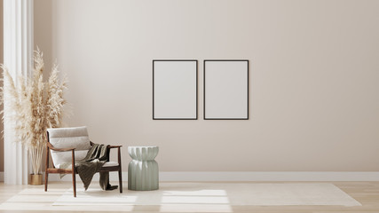 Blank poster frame on wall in minimalist modern living room interior background, living room mock up in scandinavian style, 3d rendering  © Oleksandr