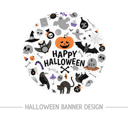 Vector round frame with Halloween elements. Traditional Samhain party clipart. Scary design for banners, posters, invitations. Cute Autumn holiday card template in circle shape..